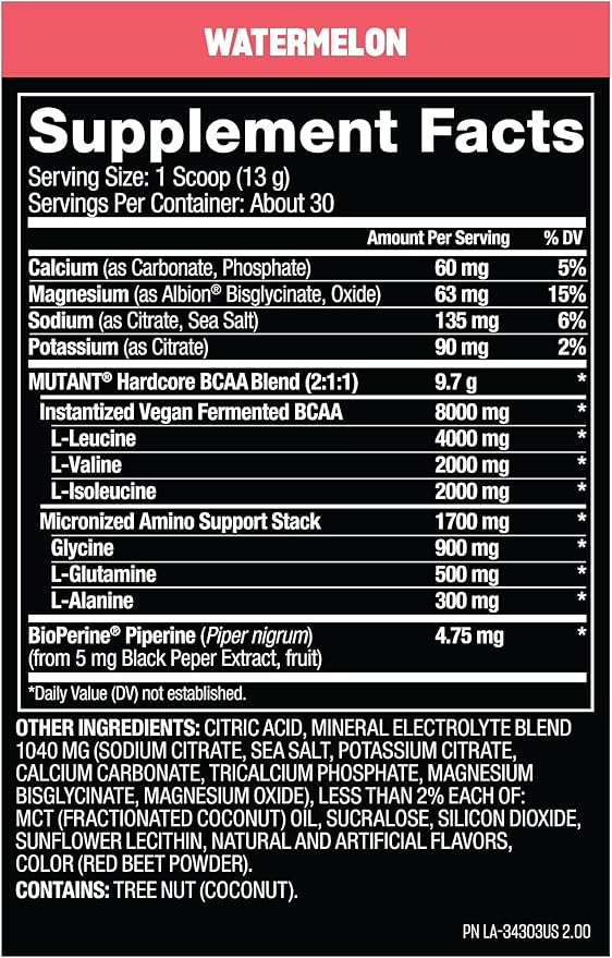 Mutant Hardcore BCAA - Pre, Intra or Post Workout – BCAA Next Level branched-Chain Amino Acids Supplement – Hydration + Recovery - 30 Serving - Watermelon
