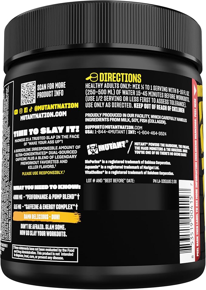 Mutant Madness | Pre Workout Powder Supplement Performance and Pump Blend Includes L-Citrulline, Beta-Alanine, Taurine, L-Tyrosine | 30 Serving |Orange Rush