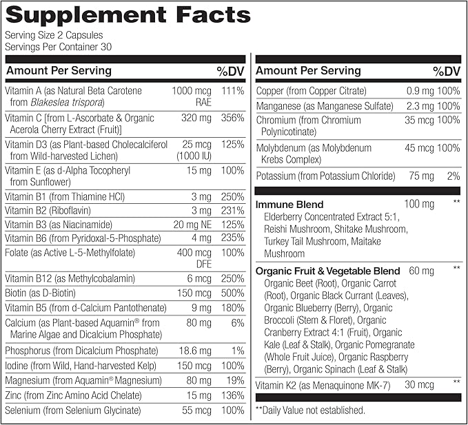 NATURELO Whole Food Multivitamin + Immune Blend with Elderberry & Mushrooms - Complete Multivitamin with Extra Immune Support - C, D3, Zinc, Elderberry, Reishi, Shitake - 60 Vegan Capsules (Pack of 2)