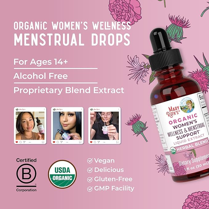 MaryRuth Organics USDA Organic Women's Wellness Liquid Herbal Supplements | Includes Stinging Nettle, Raspberry Leaf, Eleuthero Root, Chaste Tree Berry | Menstrual Support | Non-GMO, Vegan