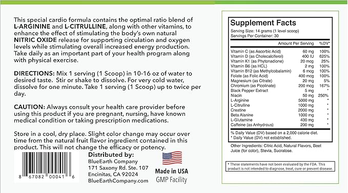 L-Arginine 5000mg + L-Citrulline Complex Powder Supplement Drink Mix - Nitric Oxide Booster for Heart Health, Blood Flow & Energy - 30 Servings (Strawberry Banana)