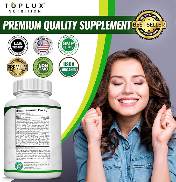 Organic Super Greens Capsules Superfood Fruit Veggie Supplement - 28 Powerful Natural Ingredients with Alfalfa, Beet Root, Tart Cherry & Ginger for Immune & Energy Support, for Men Women, 60 Tablets