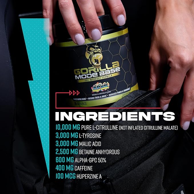 Gorilla Mode Base Pre Workout - Raises Nitric Oxide · Intense Focus & Drive · Endurance · Power - L-Citrulline, L-Tyrosine, Betaine, Alpha-GPC, Caffeine, Huperzine A - 360 Grams (Bombsicle)