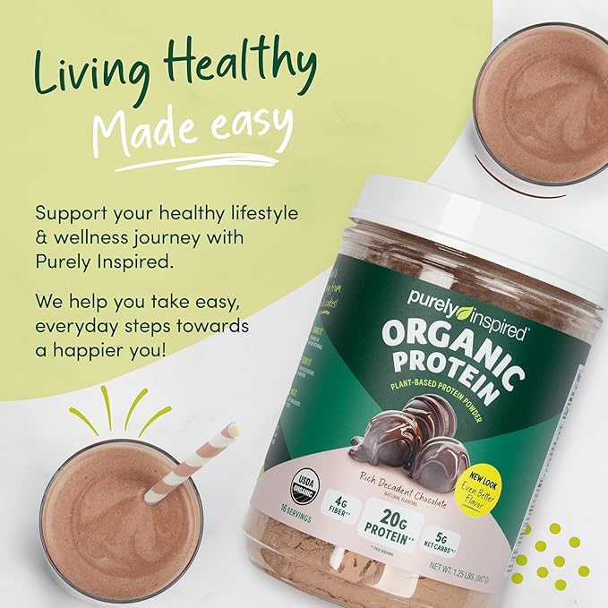 Purely Inspired Plant-Based Protein Powder for Men & Women, Rich Decadent Chocolate (16 Servings) - Vegan & Organic - 20g of Pea Protein Powder for Smoothies & Shakes - Dairy-Free, & Gluten-Free