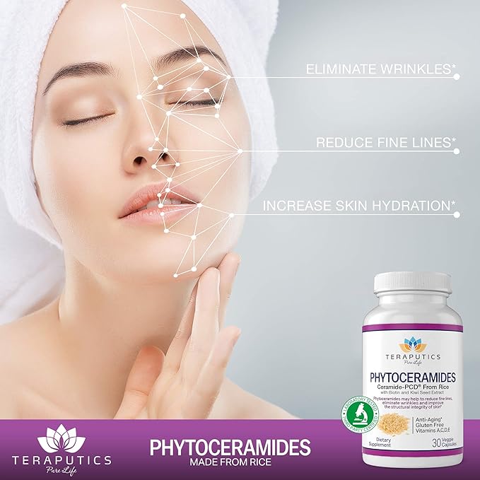 Phytoceramides Ceramide-PCD® Made From Rice - w/ Biotin and Kiwi Seed - Non GMO Gluten Free Hair Skin and Nails Vitamin, Reduce Fine Lines & Wrinkles, Strengthen Hair & Nails, 30 Veggie Capsules