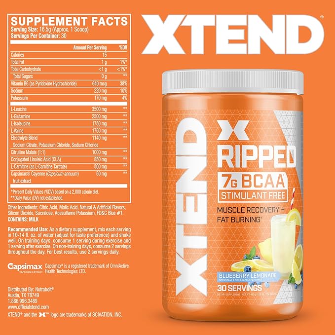 Xtend XTEND Ripped BCAA Powder Blueberry Lemonade - Cutting Formula + Sugar Free Post Workout Muscle Recovery Drink with Amino Acids - 7g BCAAs for Men & Women - 30 Servings