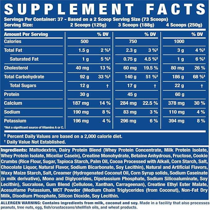 Ronnie Coleman Signature Series King Mass XL Mass Gainer Protein Powder, Muscle Gainer, 60g Protein, 180g Carbohydrates, 1,000+ Calories, Creatine and Glutamine, Cookies N' Cream, 10 Pound