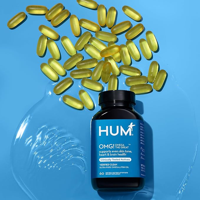 HUM OMG! Omega The Great - Triple Omega 3 Fish Oil Supplement with DHA, EHA & Vitamin E to Support Bright & Even Skin Tone - Gluten Free & Non-GMO (60-Count)