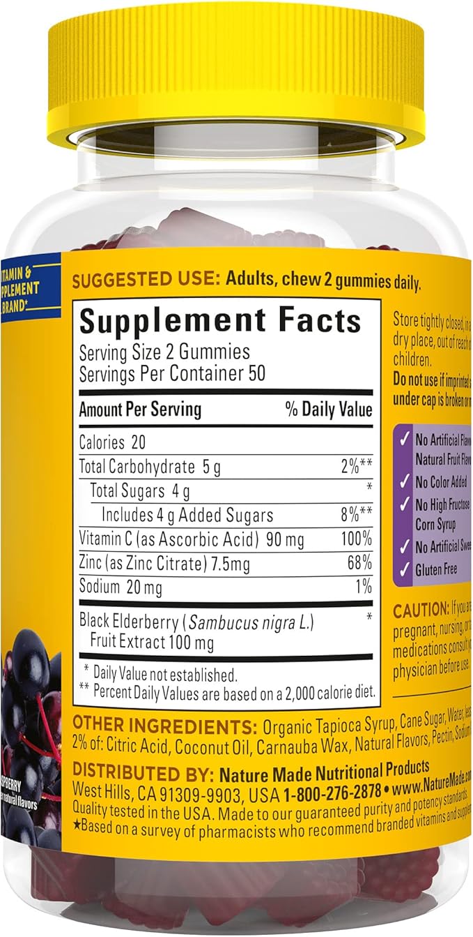 Nature Made Elderberry with Vitamin C and Zinc, Dietary Supplement for Immune Support, 100 Gummies, 50 Day Supply