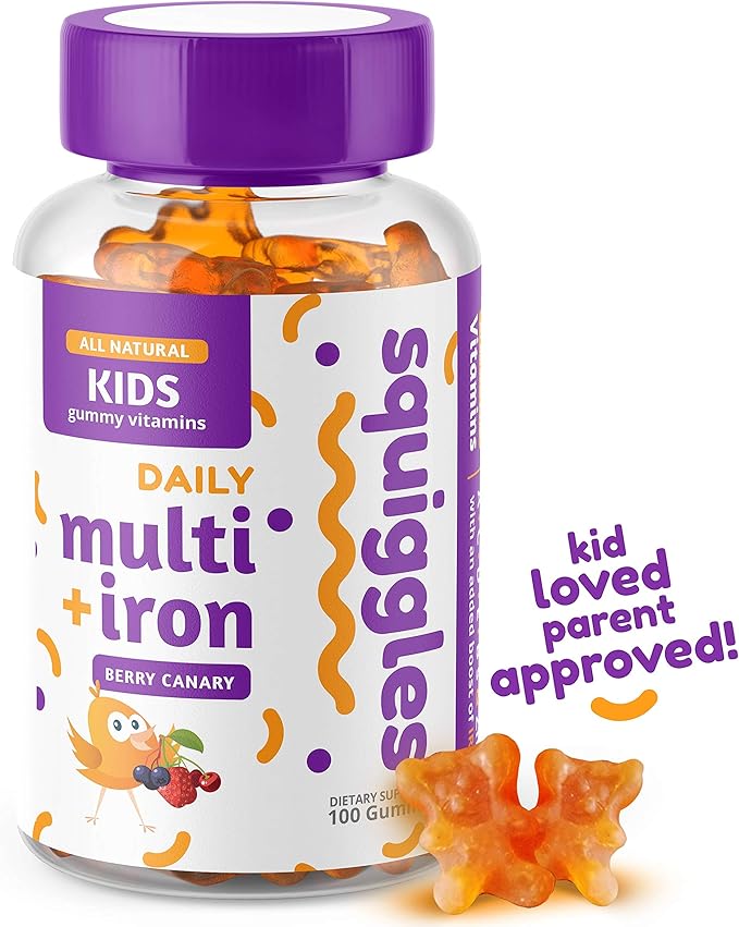 Squiggles Kids Multivitamin + Iron Gummies 100ct. | All-Natural, Low Sugar, and Super Yummy | Broad Spectrum of Vitamins and Minerals with a Boost of Iron.