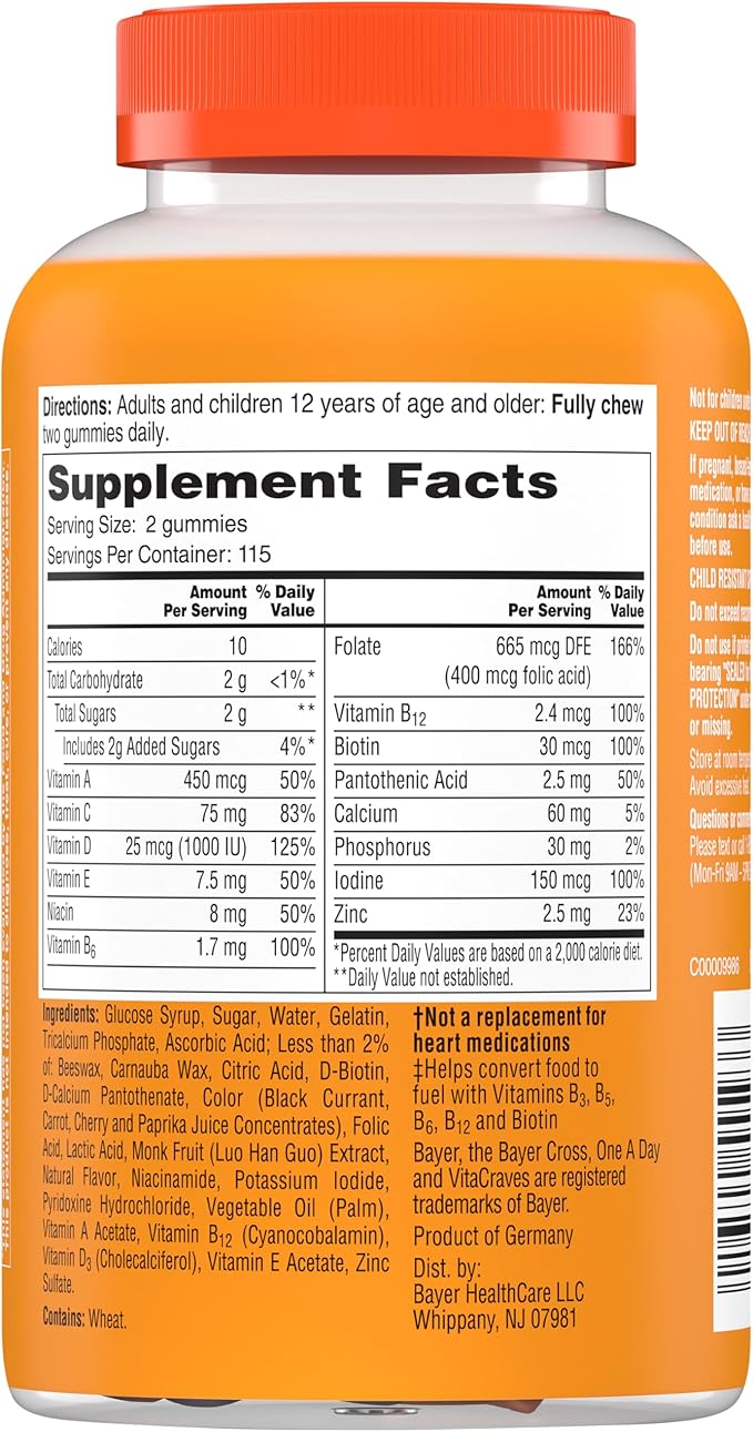 One A Day Women’s Multivitamin Gummies, Supplement with Vitamin A, Vitamin C, Vitamin D, Vitamin E and Zinc for Immune Health Support, Calcium & more, Orange, 230 count, Fruity