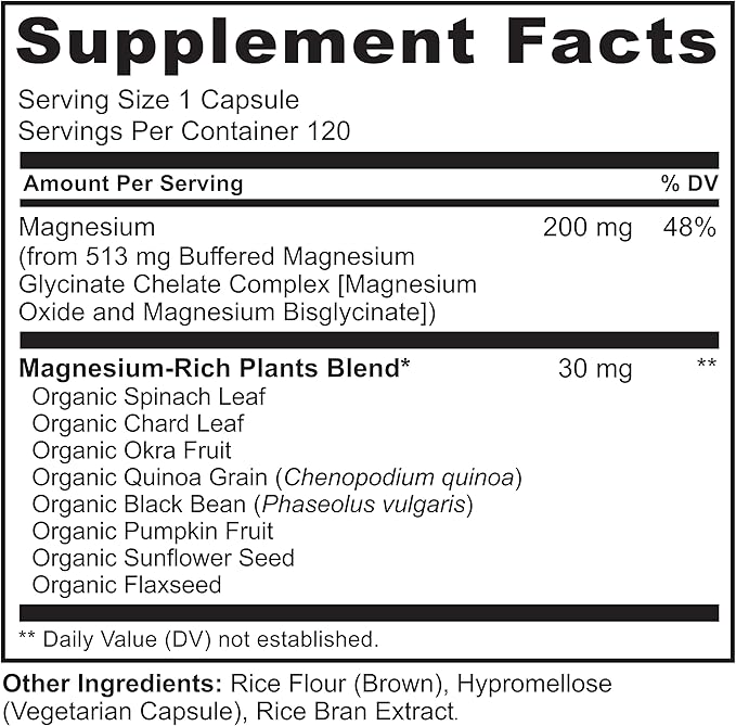NATURELO Magnesium Glycinate Chelate Complex - 200 mg Magnesium with Organic Vegetables to Support Sleep, Calm, Muscle Cramp & Stress Relief – Gluten Free, Non GMO - 120 Capsules