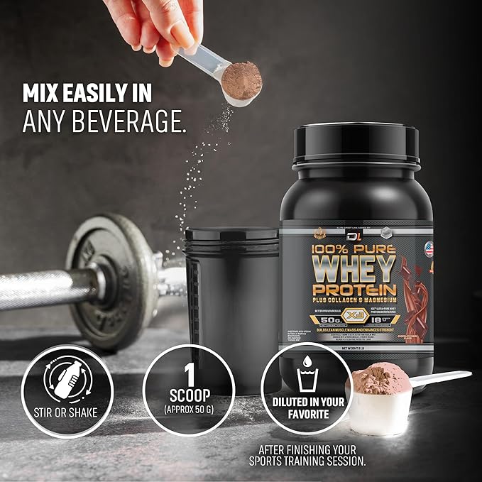 DL 100% Pure Whey Protein + Collagen + Magnesium | 43g. Protein & Essential BCAA´s | Muscle Gain, Recovery & Nutrient delivery | Low Fat Protein | Quik & Easy Mixing | 2.20lb (1KG, Chocolate)