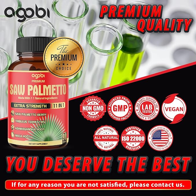 Premium Saw Palmetto Capsules - Combined with Ashwagandha, Turmeric, Tribulus, Maca, Green Tea, Ginger, Holy Basil & More - Natural Prostate Support - 90 Capsules 3-Month Supply