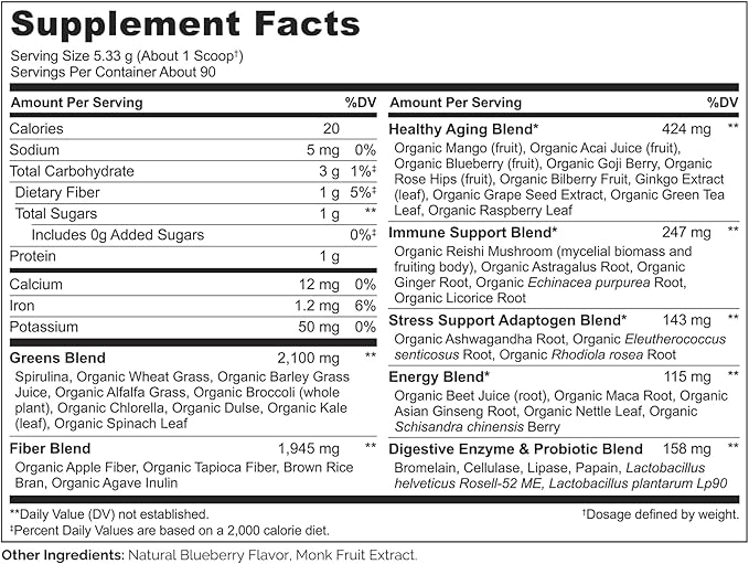 NATURELO Raw Greens Superfood Powder - Mixed Berry Flavor - Boost Energy, Detox, Enhance Health - Organic Spirulina - Wheat Grass - Whole Food Nutrition from Fruits & Vegetables - 480 Grams