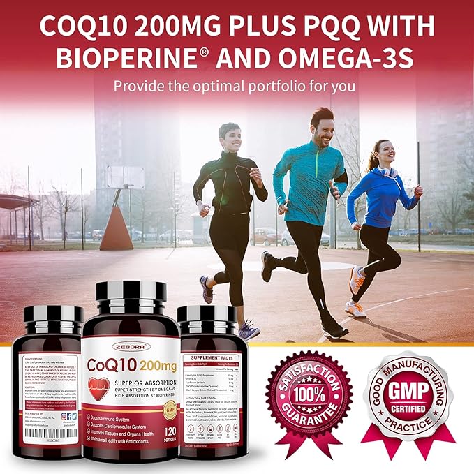 CoQ10-200mg-Softgels with PQQ, BioPerine & Omega-3, 120 Servings Coenzyme Q10(Ubiquinone) Supplement for High-Absorption, Powerful-Antioxidant, Support Heart & Energy-Production