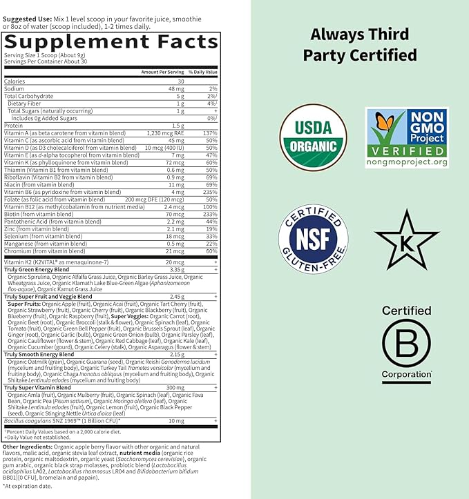 Garden of Life Sport Nutrition Greens and Superfoods Powder - Apple Berry, Organic Athletic Powder Blend with Fruits, Vitamins, Pre & Probiotics, Mushrooms Supplements, Vitamin K2, About 30 Servings