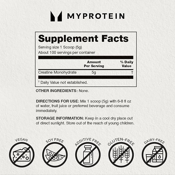 Myprotein - Creatine Monohydrate Powder Bag 1.1 lbs- Pure Unflavored Creatine Powder - Post/Pre Workout Supplement for All Sports and Exercises - Gluten Free, Vegan, Dissolves Easy - (100 Servings)
