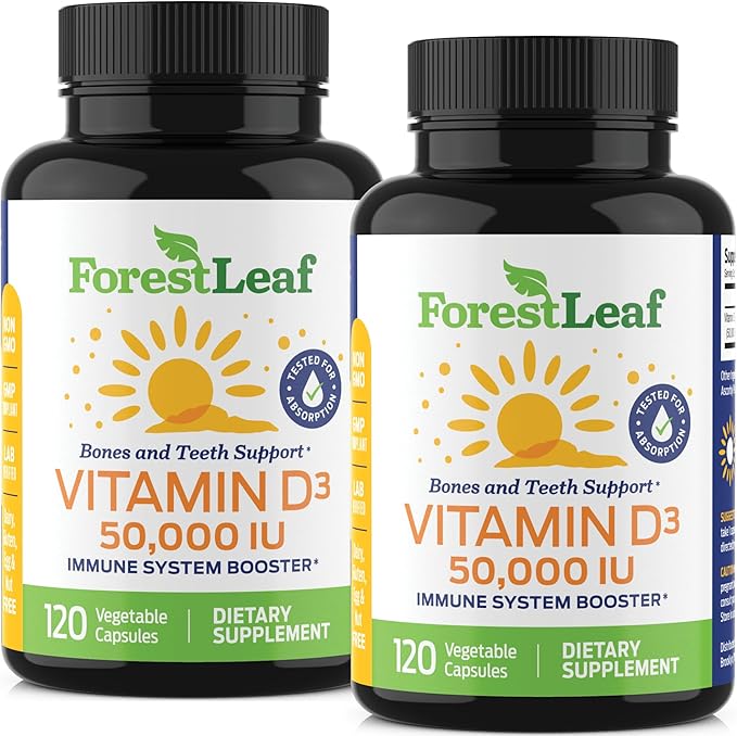 ForestLeaf - Vitamin D3 IU Weekly Supplement - Vitamin D Capsules for Bones, Teeth, and Immune Support - Easy Swallow Pure Vitamin D3 Caps (50,000 IU - 120 Count - 2 Pack)