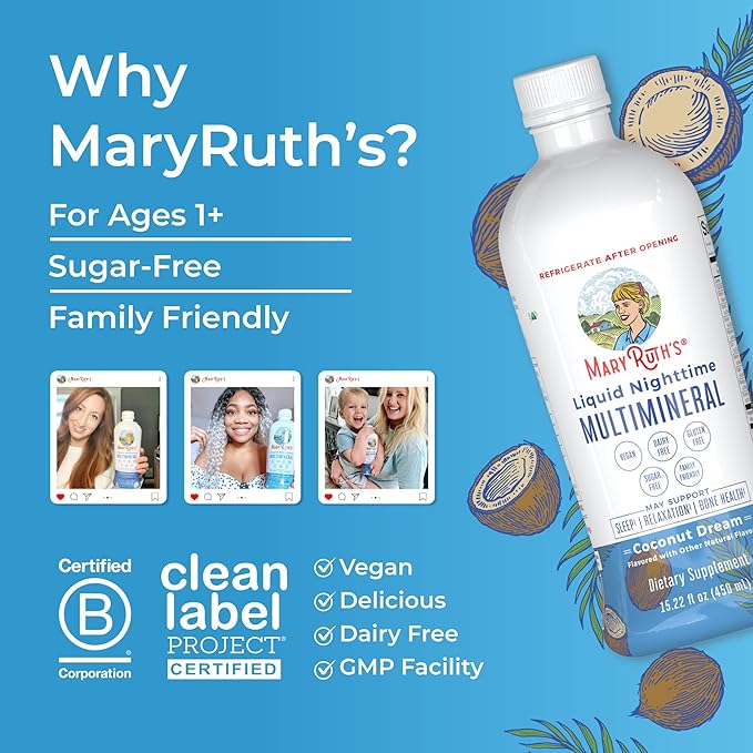 MaryRuth Organics Liquid Nighttime Multimineral Sleep Supplement | Sugar Free | Calm Magnesium Citrate | NO Melatonin | Calcium Magnesium Zinc | Available in 4 Flavors | Gluten Free | 15 Servings
