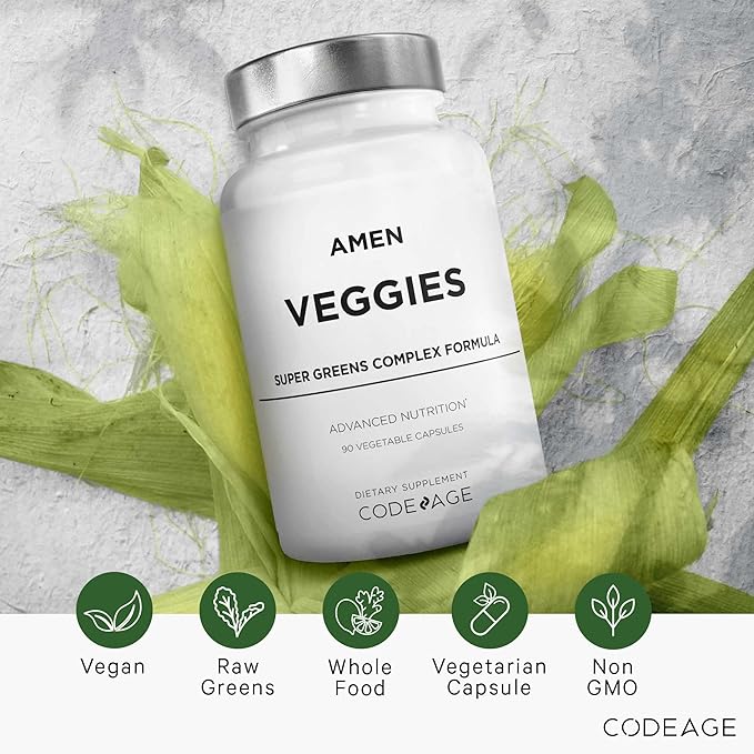 Amen Veggies, Daily Veggies Vitamins Supplement, Vegetables Vegan Blend & Whole-Food Raw Greens Multivitamin Capsules, Mushroom Complex, Superfood, Minerals, Green Vegetable Nutrients, Non-GMO, 90 ct
