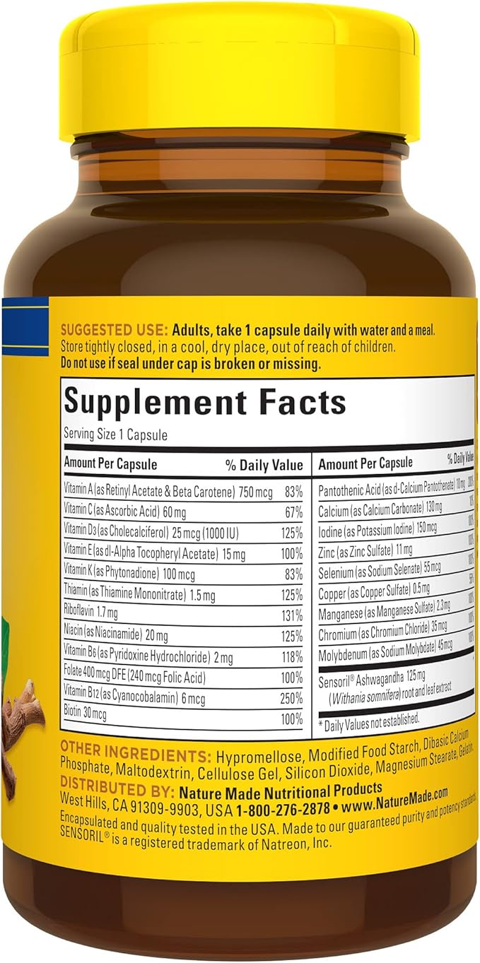 Nature Made Multi + Ashwagandha, Multivitamin for Daily Stress Relief Support, One Per Day Multivitamin, 60 Capsules