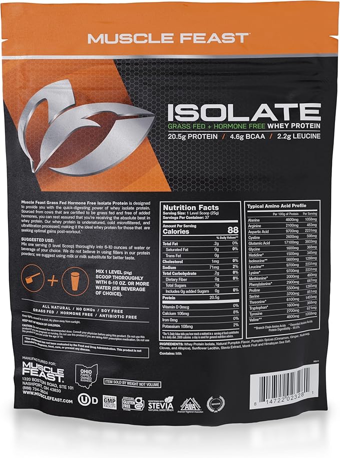 Muscle Feast Grass-Fed Whey Protein Isolate, All Natural Hormone Free Pasture Raised, Pumpkin Spice, 2lb