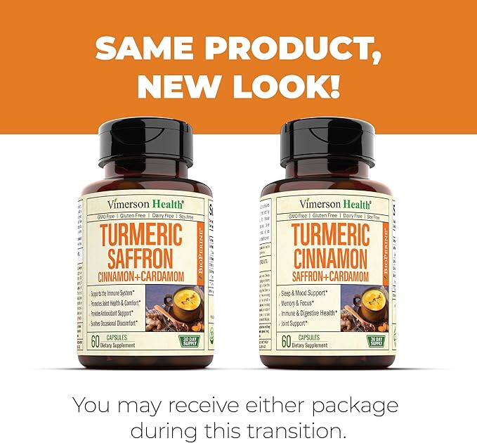 Turmeric Saffron Supplements with Cinnamon powder & Cardamom - Antioxidant Joint Support Supplement Contains Turmeric Curcumin with Black Pepper for Mood, Memory, Eye Health & Well-Being - 60 Capsules