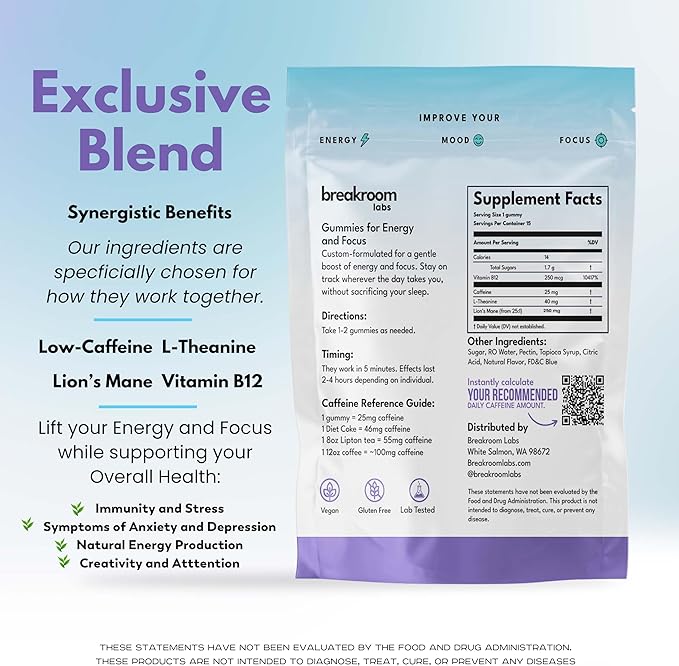 Energy and Focus Gummies - L-Theanine Caffeine, Lions Mane, Vitamin B12 - Low Sugar, Vegan Energy Chews + Brain Supplements for Memory and Focus - Blue Raspberry Flavor, 15 Servings