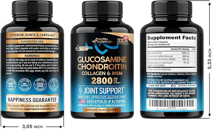 Glucosamine Chondroitin MSM Collagen | FSA HSA Eligible | Joint Support Supplement 2800 mg | Made in USA | FSA Approved Product Items | Flexibility Nutritional Vitamins | For Men & Women, 240 Capsules