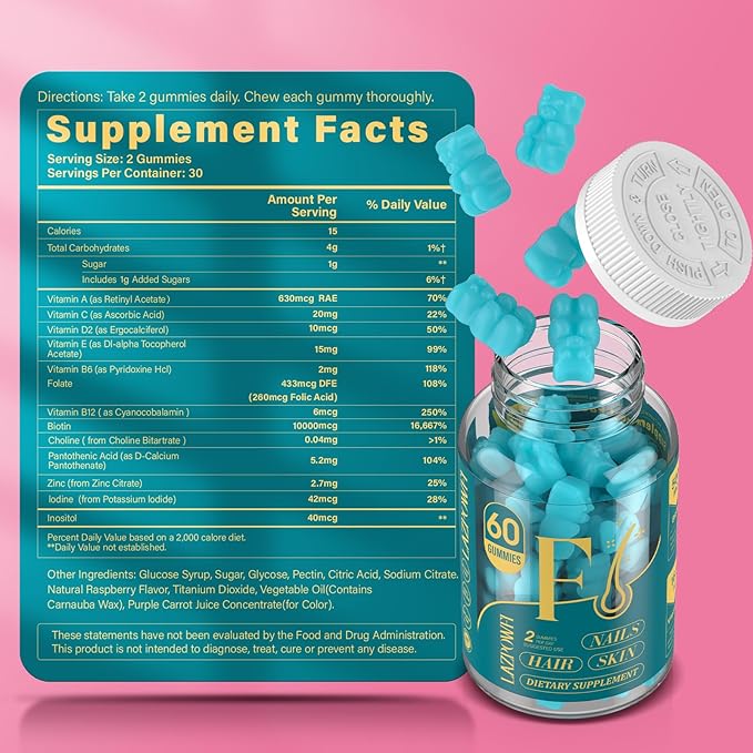 Biotin Gummies -Hair Skin and Nails Vitamins for Men & Women, Vegan Vitamin B7, Supports Hair Growth and Stronger Nails,30 Day Supply - Blueberry-60 Counts