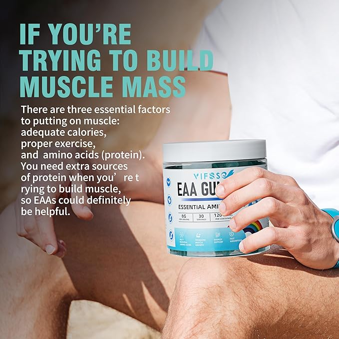 EAA Gummies 120 Gummies (Blue Raspberry), 8000 mg Essential Amino Acids - All 9 Essential Aminos (EAA) and All Branched-Chain Aminos (BCAAs), Non-GMO, Gluten Free, Vegetarian Friendly