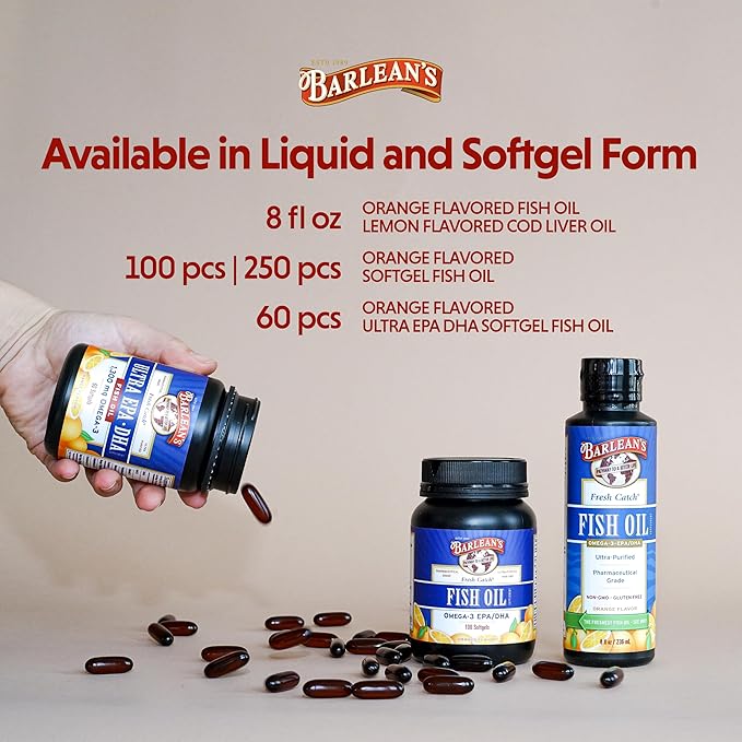 Barlean's Fish Oil Omega 3 Supplement, High Potency Ultra EPA DHA Fatty Acid Softgels for Joint, Brain, & Heart Health, 1000mg Orange Flavored Fish Oil Pills, 60 Count