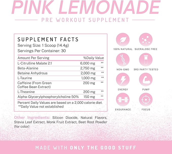 PWDRS Pre-Workout Powder, All Natural Pre Workout for Energy, Pump, Endurance & Strength, with Caffeine (Pink Lemonade)
