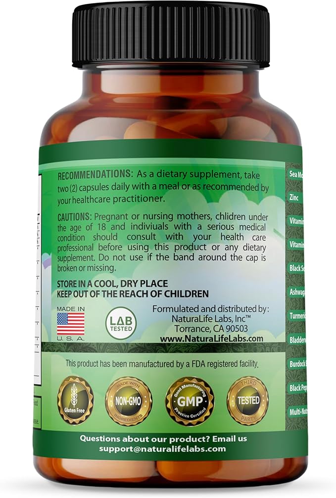 Sea Moss 6000mg - Black Seed Oil 2500mg - Bladderwrack 2000mg - Turmeric 1500mg Ashwagandha 1000mg - Burdock 1000mg - Vitamin C, D3, Yellow Dock Root, Manuka, Dandelion - 90 Veggie caps