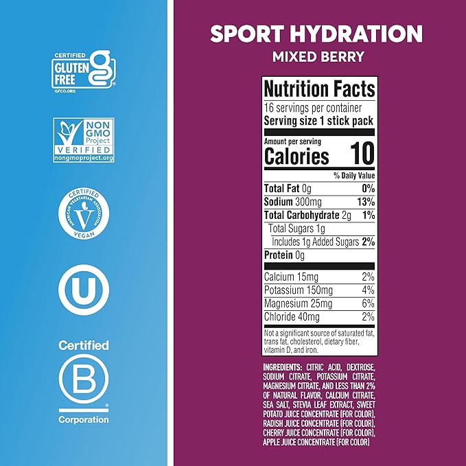 Nuun Sport Electrolyte Powder Packets - Mixed Berry Flavor | 5 Essential Electrolytes for Hydration | Easy Open Drink Mix with Magnesium | 1g Sugar | Non GMO, Vegan | 16 Single Serving Sticks