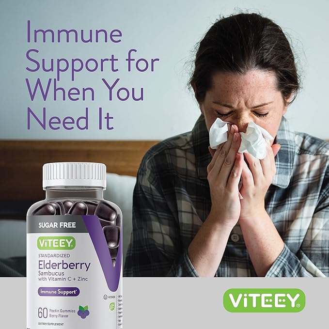 Sambucus Elderberry Gummies for Adults & Teens + Zinc & Vitamin C - Sugar Free - Immune Support & Booster Herbal Supplement - Vegan, Gluten Free, Gelatin Free, GMO Free, Chewable Berry Flavored Gummy