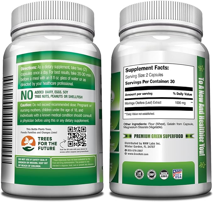 Pure Moringa Oleifera Leaf Extract Veggie Capsules 1000 mg. Natural Herbal Supplement. Energy, Mood, Memory and Focus Support. Premium Green Superfood (3 Bottles)