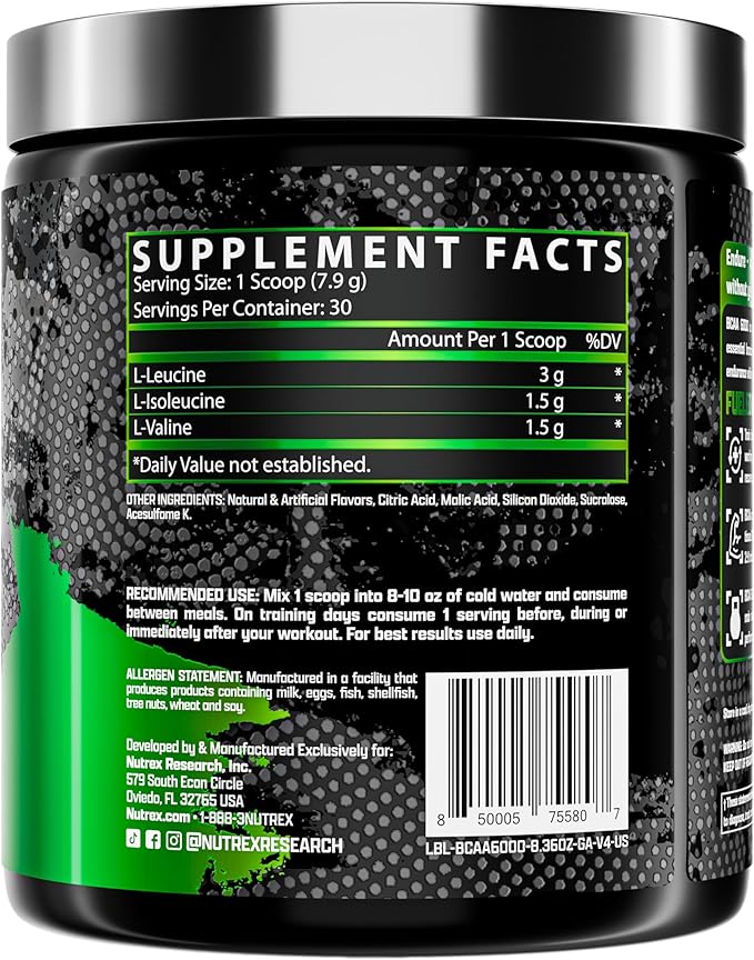 Nutrex Research - BCAA Powder 6000 Amino Acid - 6 Grams of BCAAs Amino Acids Supplement for Post Workout Recovery & Muscle Growth - Amino Energy Workout Recovery Drink (Green Apple - 30 Servings)