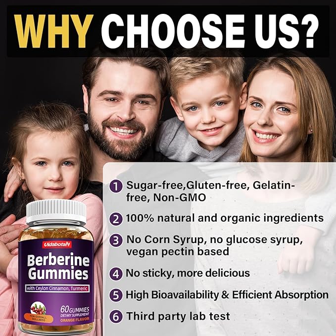 Berberine Gummies with Ceylon Cinnamon, 2000mg Berberine HCI Supplement for Men & Women, Orange Flavored Vegan Sugar Free Gummies (60 Count)(Pack of 1)