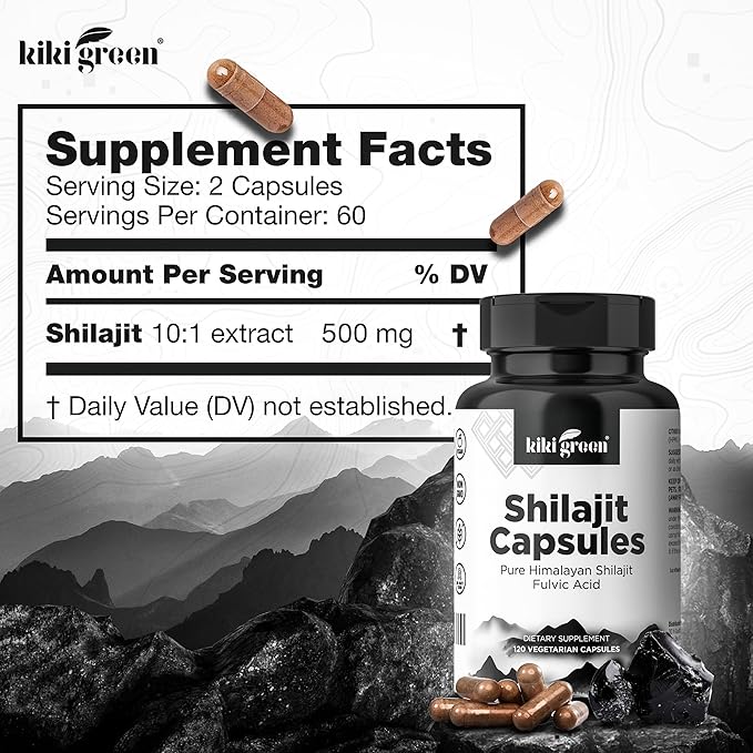 KIKI Green Shilajit Capsules - Shilajit Pure Himalayan Organic Supplement, 40% Fulvic Acid & Trace Minerals - 500 mg Pure Shilajit per Serving for Strength, Energy, Immunity - 120 Vegan Capsules