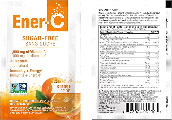 Ener-C Sugar Free Energy Orange Multivitamin Drink Mix Vitamin C 1000mg & Electrolytes - Natural Immunity Support with Real Fruit Juice Powders Non-GMO Vegan & Gluten Free - 30 Count