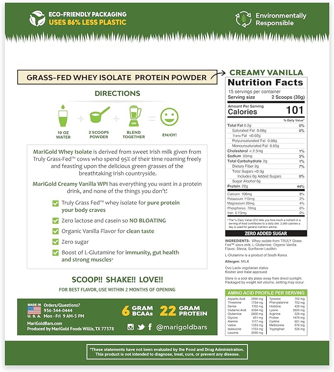 MariGold Grass-fed Whey Protein Isolate Powder - Creamy Vanilla Flavor - 1 Lb Bag | 100% Pure, Cold-Processed, Micro-Filtered, Undenatured, Non-GMO, rBGH Free, Soy Free, Gluten Free, Lactose Free