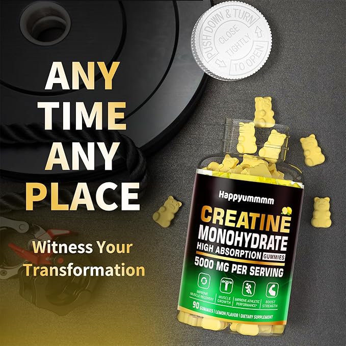 Creatine Monohydrate Gummies 5g for Men Women - Sugar Free Chewable Supplement. 90 Gummies Lemon.