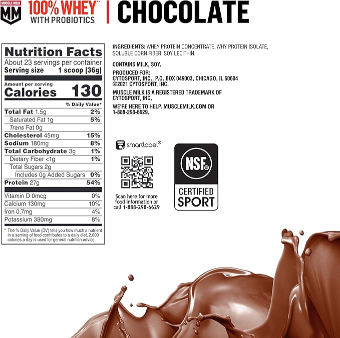 Muscle Milk 100% Whey With Probiotics Protein Powder, Chocolate, 1.85 Pound, 23 Servings, 27g Protein, 2g Sugar, 1B CFU Probiotics, Low in Fat, NSF Certified for Sport, Packaging May Vary