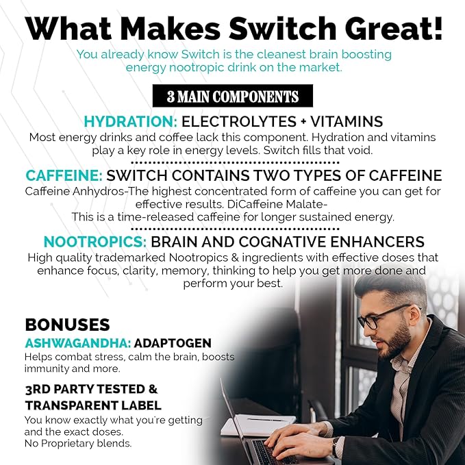 Switch, Brain Boosting Nootropic Energy Supplement, Increase Mental Focus & Cognitive Function, Enhances Mood & Memory, Alpha GPC, Ashwagandha, Sugar Free Energy Powder-Keto