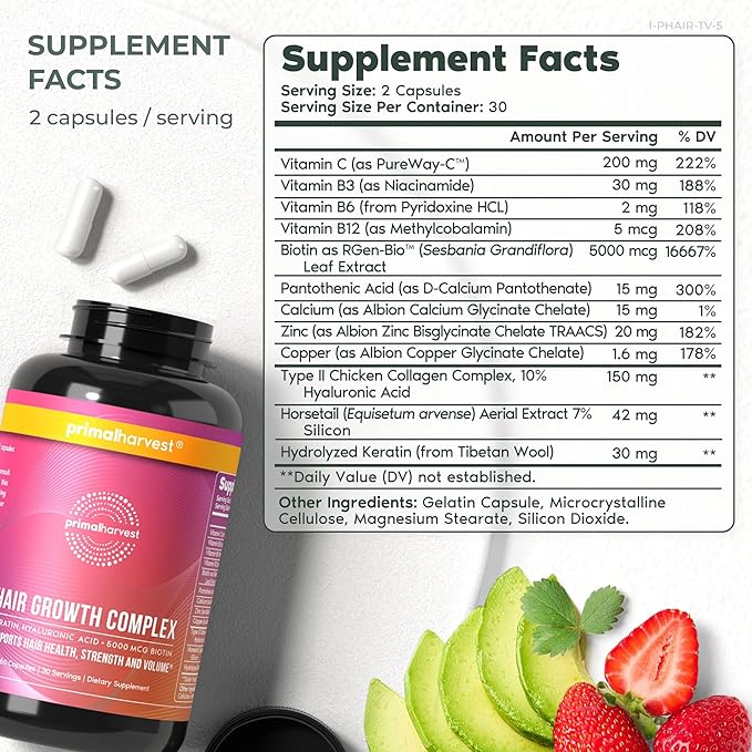 Primal Harvest Primal Hair Complex 1 Pack, Regrowth Hair Supplement for Women & Men, Natural Hair Vitamins w/Thickening Products Biotin & Zinc (60 Capsules)