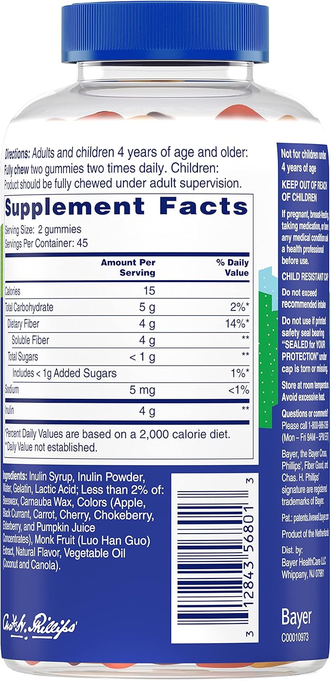 Phillips’ Fiber Good Gummies, Prebiotic Fiber Supplement with Inulin Soluble Fiber for Adults and Children, Fruit Flavored Daily Fiber Gummies, 4g of Fiber Per Serving , 90 Count