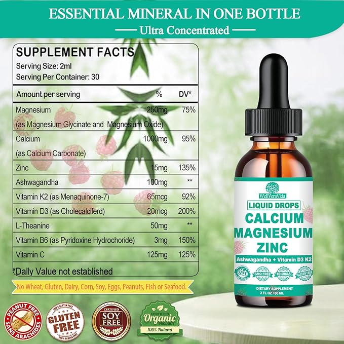 Calcium Magnesium Zinc D3 with Calm Magnesium Glycinate Plus Ashwagandha, L-Theanine, Liquid Calcium with Vitamin D3 and Magnesium Supplement for Immune, Bone, Muscle, Mood & Sleep Support
