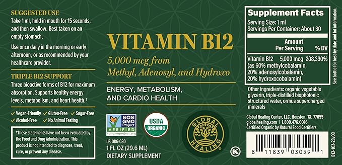 Global Healing Vitamin B12 5000 mcg, Organic Sublingual Liquid Drops | 3-in-1 Methylcobalamin, Adenosylcobalamin, Hydroxo Blend, 1 Fl Oz (2-Pack)